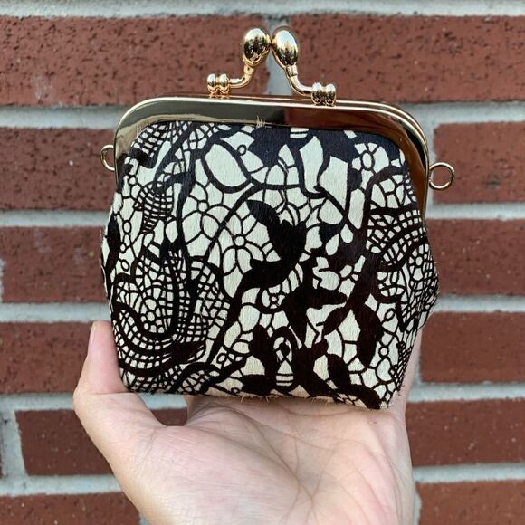 Handmade Real Hair-on-horsehide Black Lace Print Kisslock Bag & Small Purse Set - Picture 15 of 16